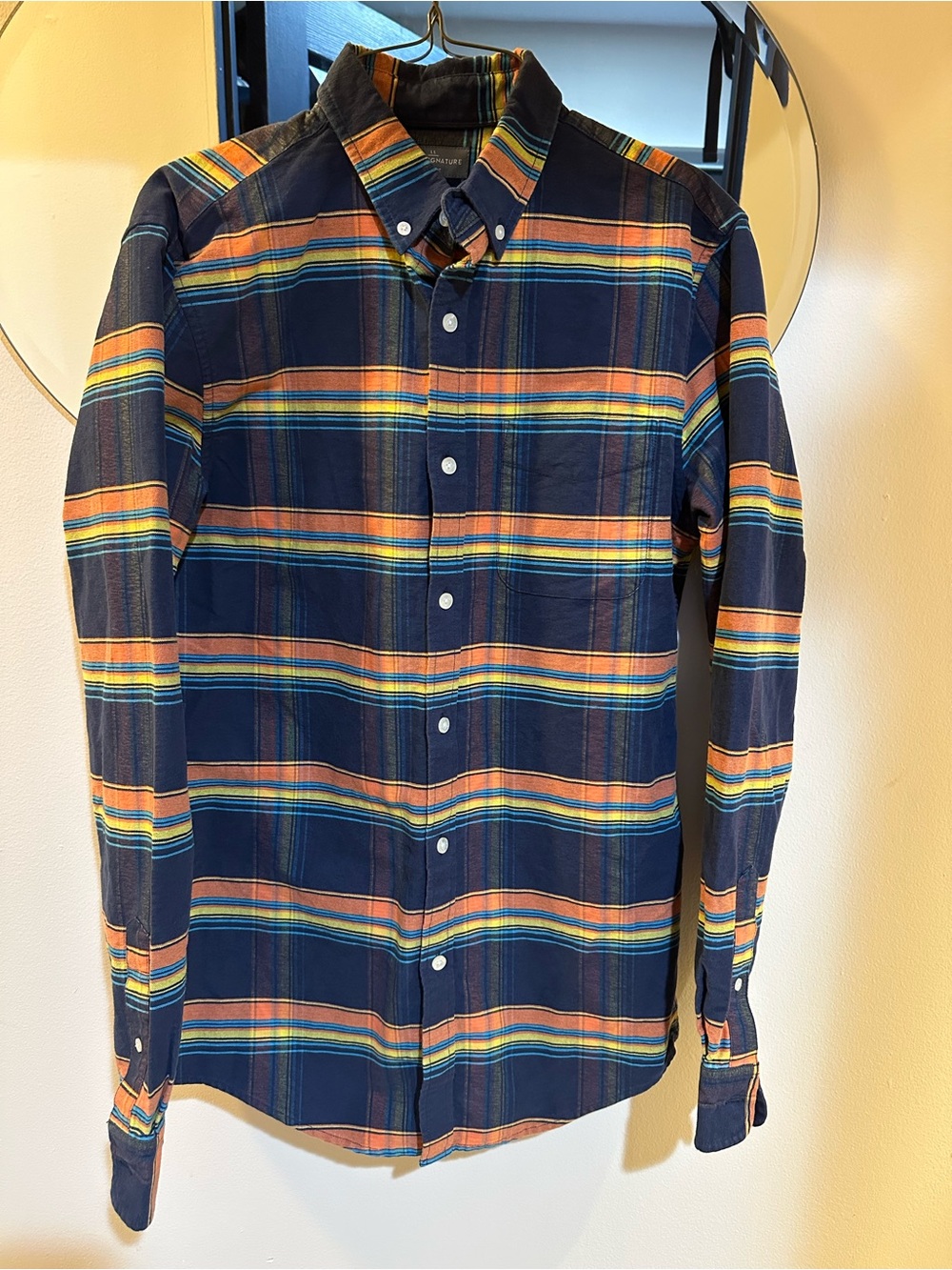 LL Bean Signature Slim Fit Plaid Button Down Shirt Blue Orange Size Large Tall